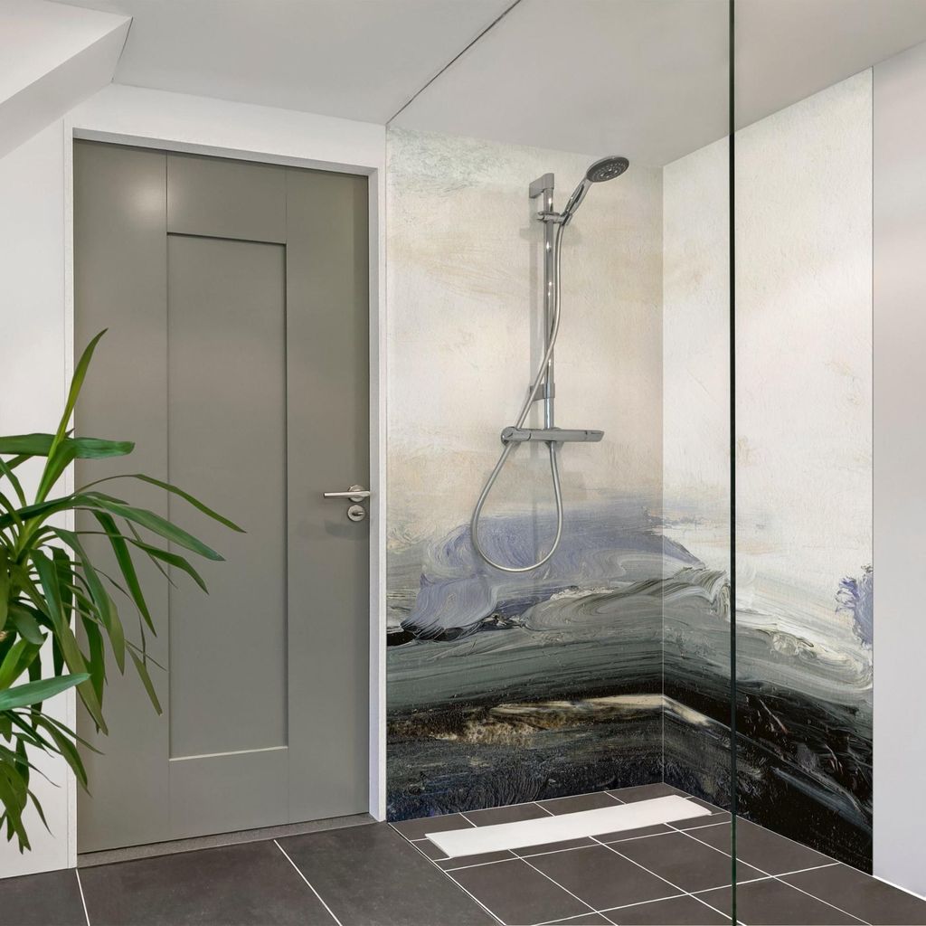 Duschrückwand originell selbstklebend - 0.61 mm Wandpaneel wasserfest Design grau Abstrakt Badrückwand fugenlos Premium matt 110x190 cm