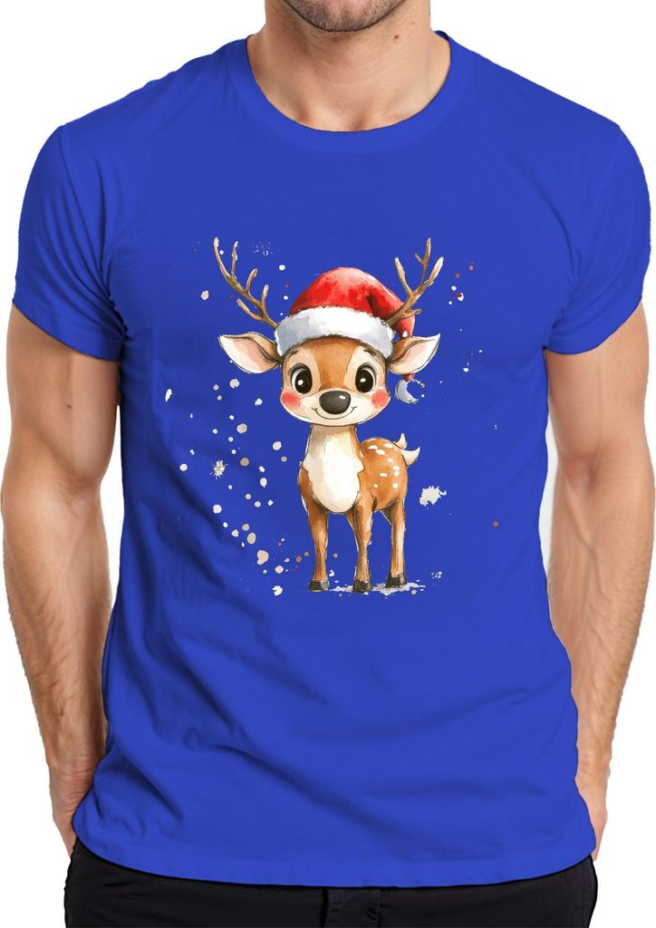 Weihnachtsrentier Aquarell Santa Hut Kinder Geschenk Niedlich Herren T-Shirt, Blau, M