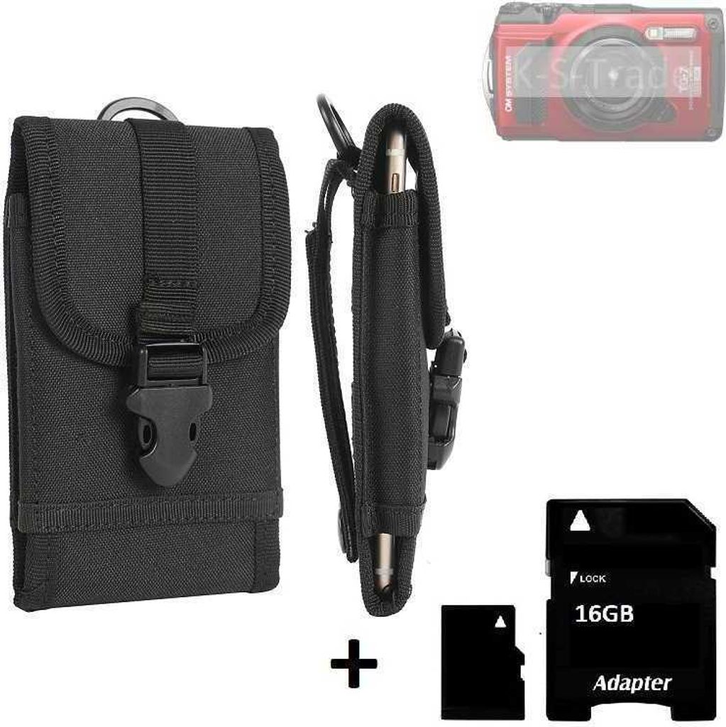 Gürteltasche für Kompaktkameras kompatibel mit OM System Tough TG-7 Holster Kameratasche + 16GB Speicherkarte Gürtel Tasche wasserabweisend robuste