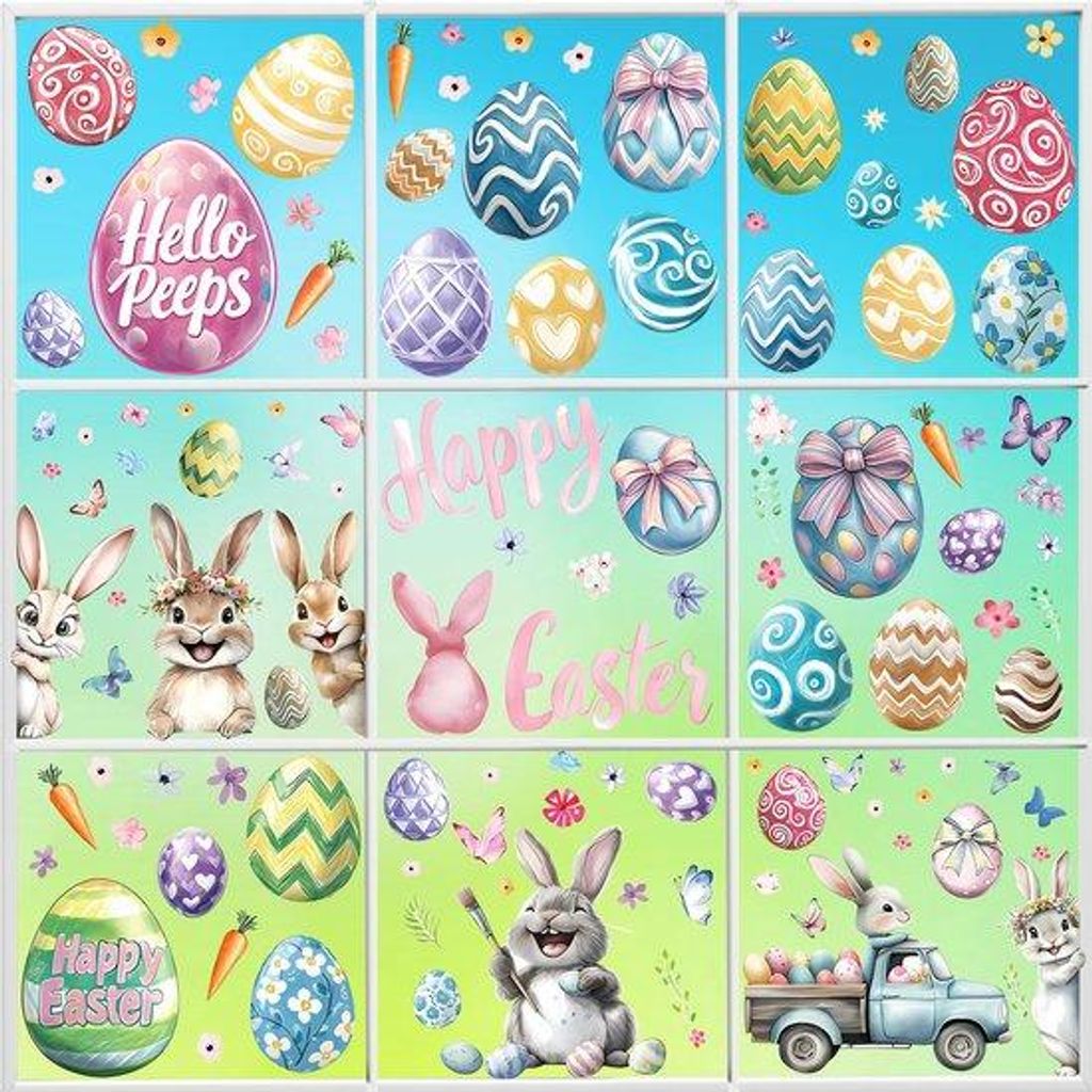 Selbstklebende Ostereier-Raumstickers, 9 Blätter Ostereier-Raumstickers für Fenster, Ostereier-Raumstickers für Ostern und Frühling