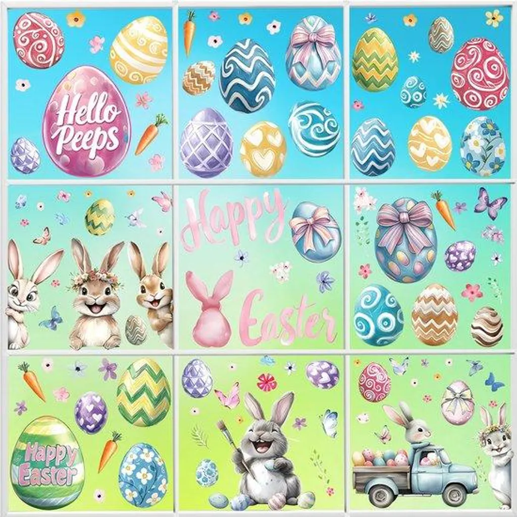 Autocollants de Pâques pour fenêtres et chambre - Lot de 9 feuilles