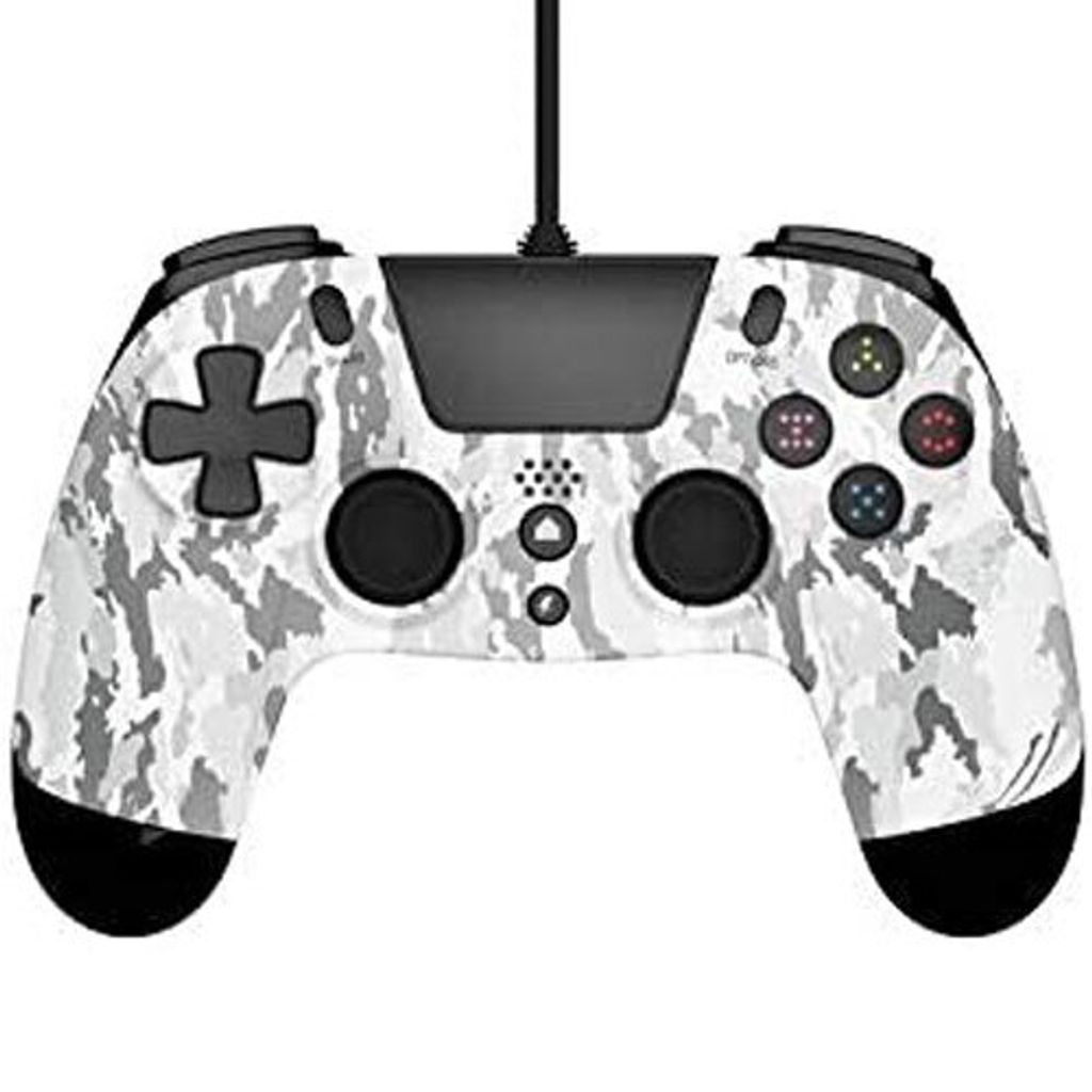 A top-down view of a white, gray, and black camouflage patterned PlayStation 4 controller.