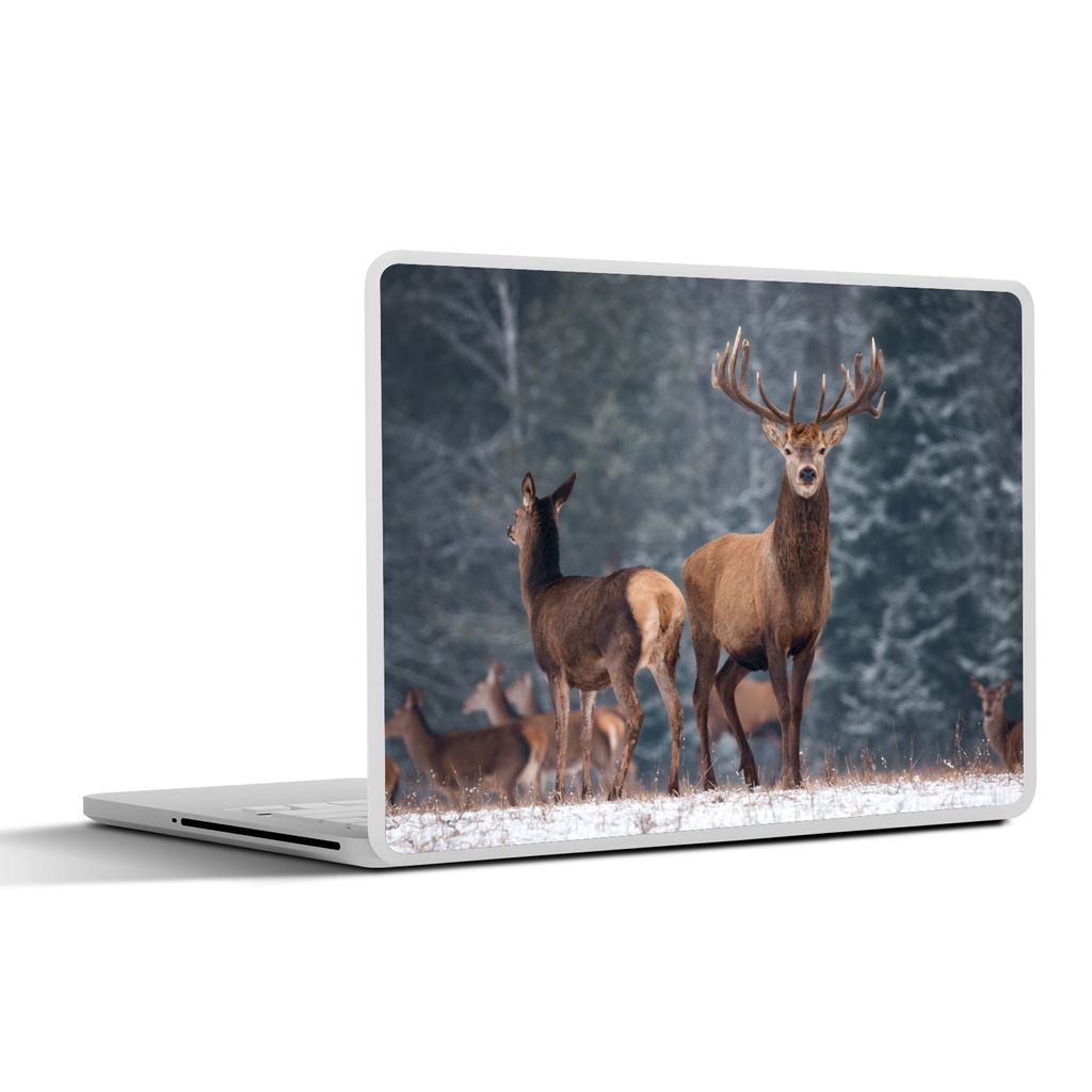 MuchoWow Laptop Aufkleber Sticker Cover Waldtiere - Hirsche - Landschaft - Winter - Schnee - Natur 30x21 cm - Sticker für Laptop - Selbstklebend
