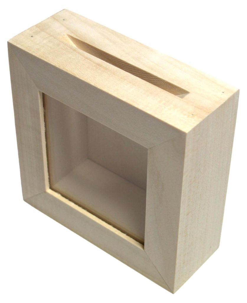 Spardose aus Holz mit Holzrahmen und Glasfront, ideal für Decoupage und Pyrographie.