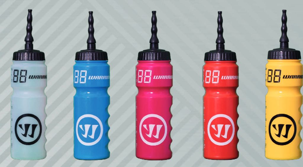 Five colorful Warrior brand water bottles lined up on a light gray background.
