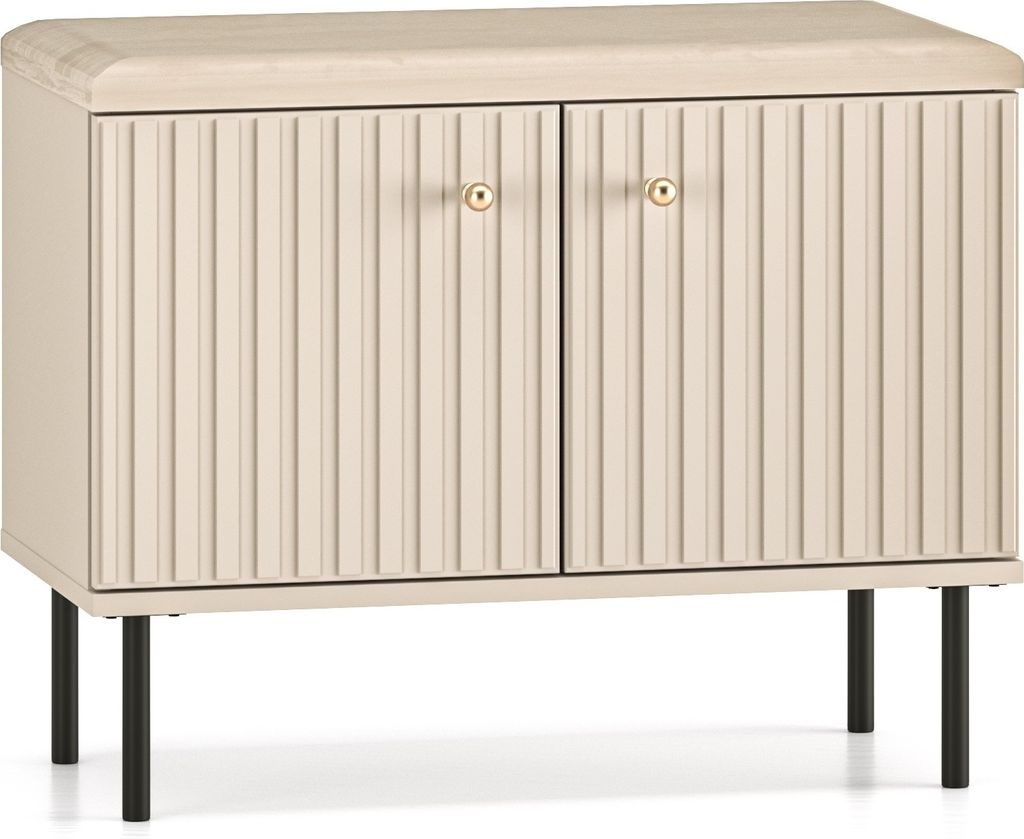 A close-up studio shot of a two-door beige cabinet with fluted doors and gold knobs, standing on black legs.