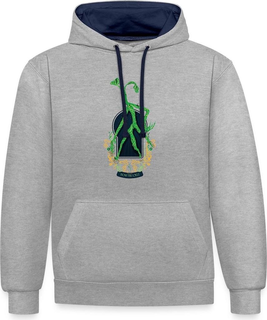 Spreadshirt Phantastische Tierwesen Bowtruckle Uni Kontrast Hoodie, XXL, Grau meliert/Navy