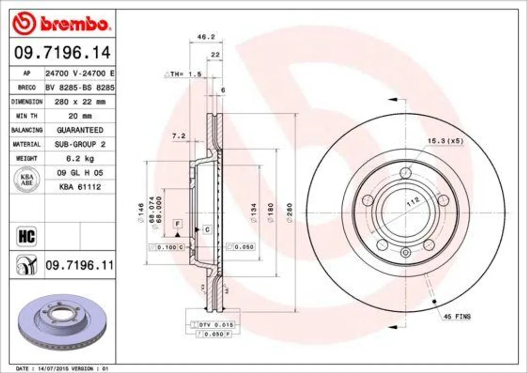 Disque de frein Brembo 09.7196.11 pour Audi A4 et Volkswagen Passat