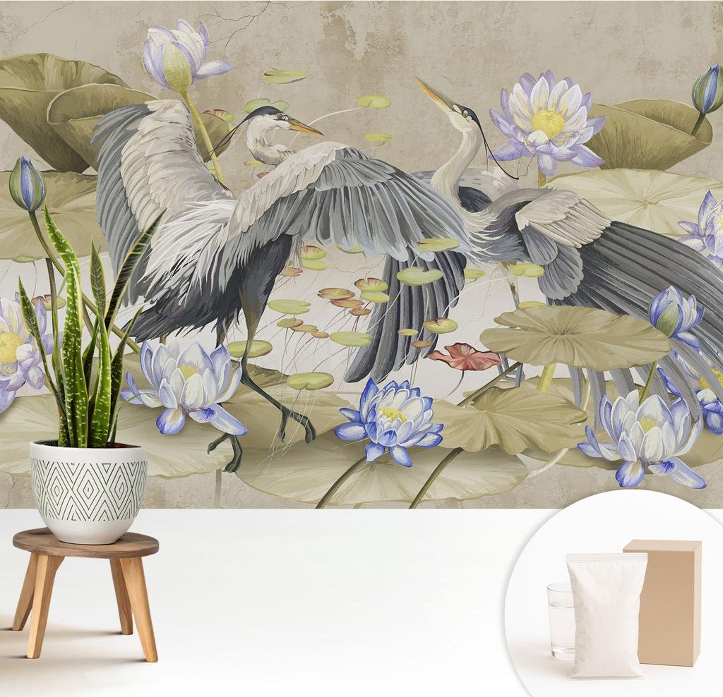 Fototapete - 208x146 cm - Tapete - Wandtapete - Wandbilder - Dekofolie - Tapete Folie - Wand - Dekoration - Wohnzimmer - Vögel und Lilien