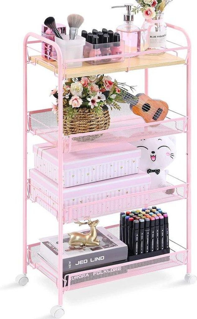 Schmale 4-Ebenen-Küchenwagen auf Rädern, Holz, Rosa, Raumsparend