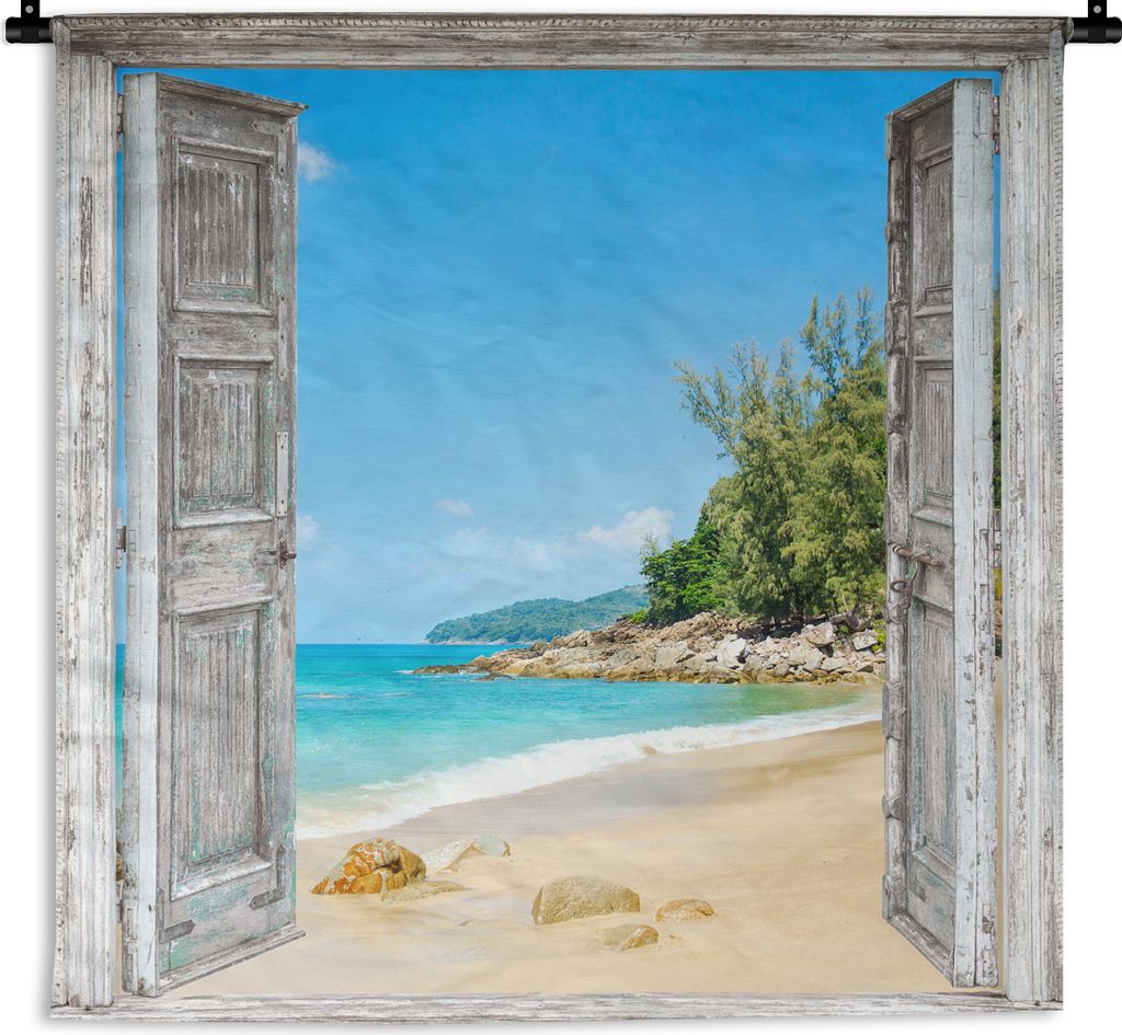 MuchoWow Wandteppich Wandbehang Strand - Ausblick - Sommer - Tropisch 120x120 cm Tapisserie Dekoration Wandtuch - Modern - Baumwollgewebe