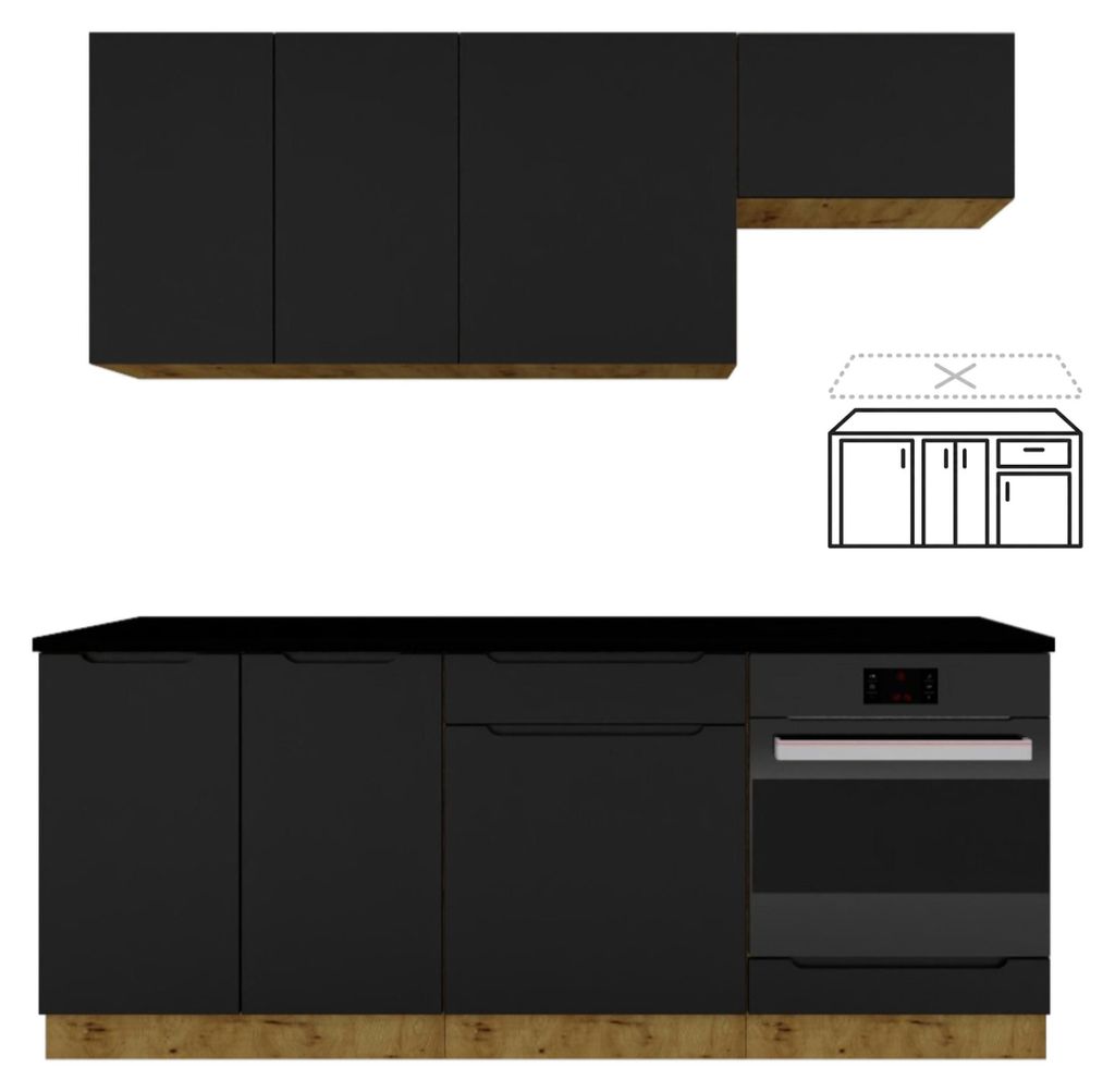 Küchenzeile 200 cm Schwarz Matt - ohne Arbeitsplatte - MDF - moderne Küchenmöbel-Set - Schubladen mit Soft-Close - ISABEL
