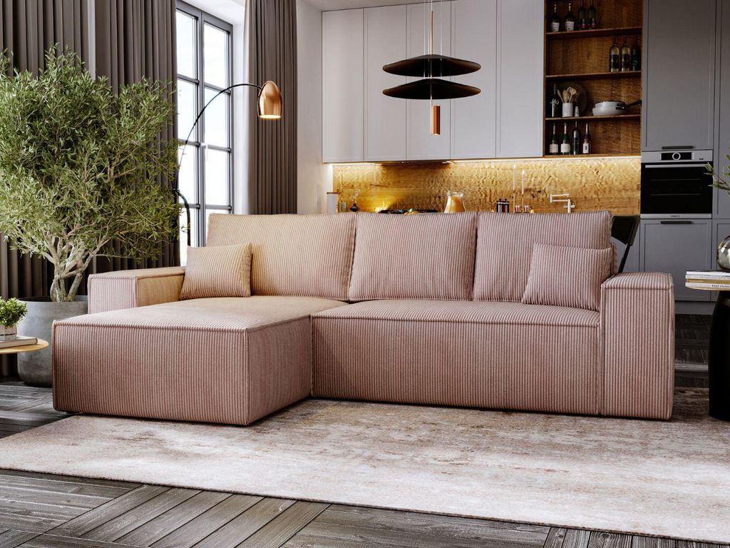 FurniDe24 Ecksofa L-Form Malaga Links - Moderne Ecksofa, Wohnzimmer Sofa mit Bettkasten, - Eckcouch Puderrosa (Poso 52)