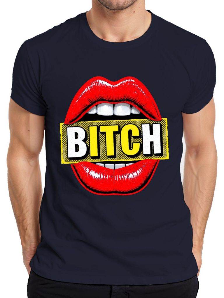 BITCH Spruch Lippen rot Pop Art frech Geschenk Freundin Party Herren T-Shirt, Navy, XXL