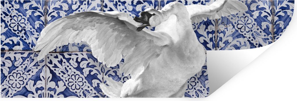 MuchoWow Wandtattoo Wandsticker Wandaufkleber Schwan - Kunst - Delfter Blau - Malerei - Alte Meister 60x20 cm Selbstklebend und Repositionierbar ...
