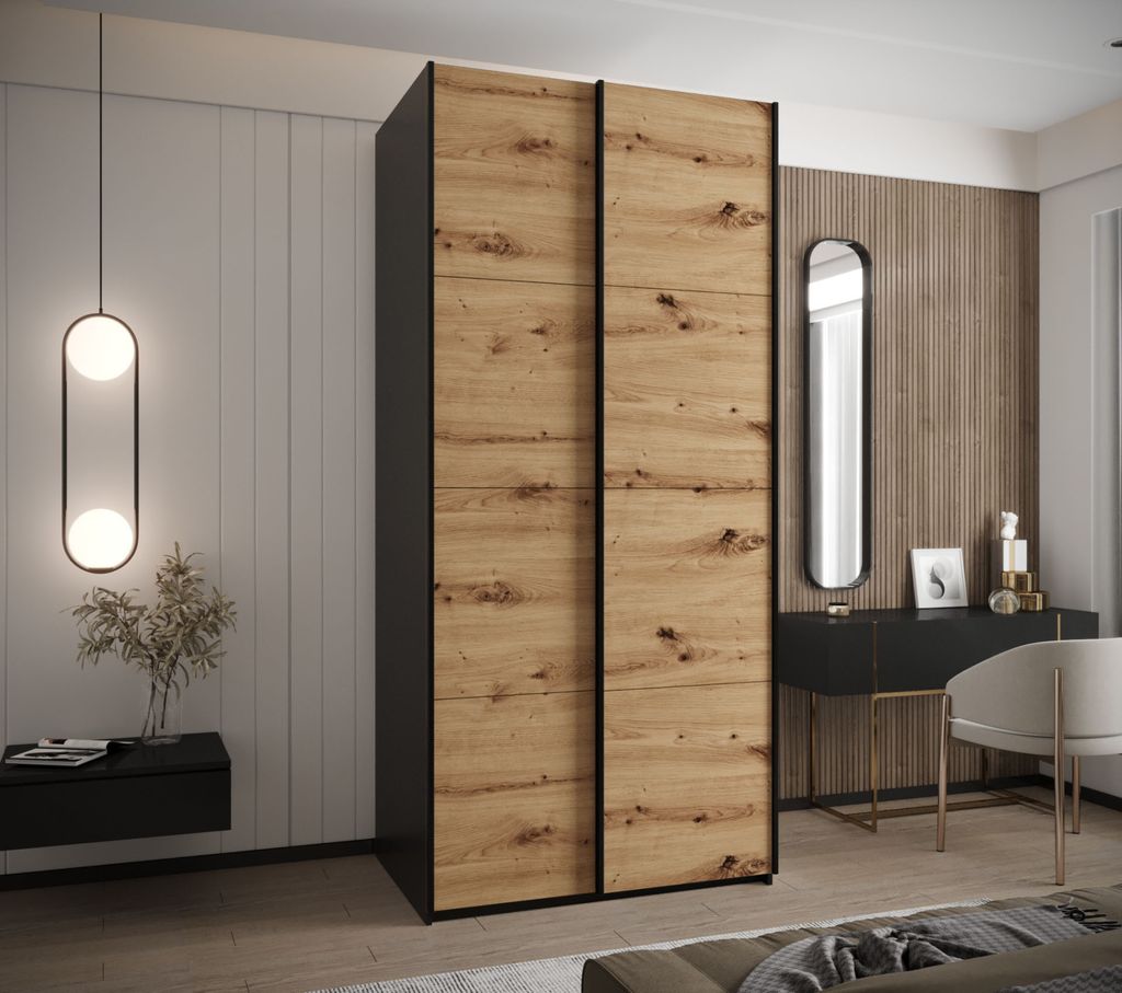 Zweitüriger Kleiderschrank SAMARA 1 - 100 cm, schwarz / Eiche handwerklich / schwarz