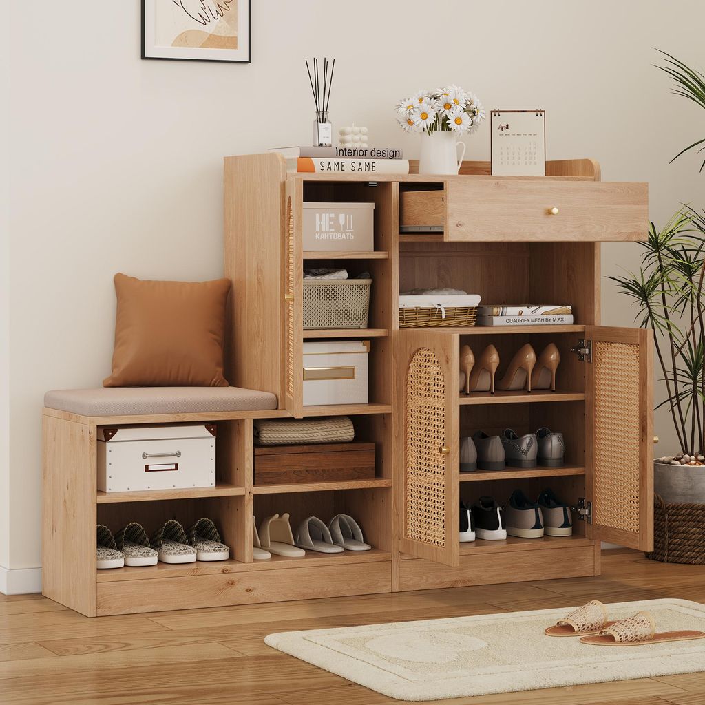 okwish Schuhschrank Kommode mit gepolsterter Sitzbank,Flurschrank mit Schubladen und mehreren Staufächern,in Holzoptik Beistellschrank,Natur