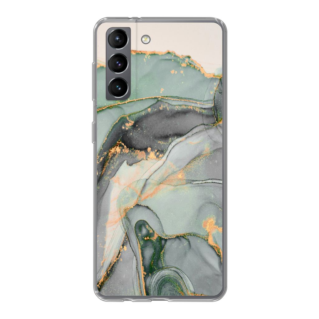 MuchoWow Handyhülle Schutzhülle Hülle für Samsung Galaxy S21 Gold - Marmor - Grün - Luxus - Glitzer - Marmoroptik Silikon Softcase Handy Hü...