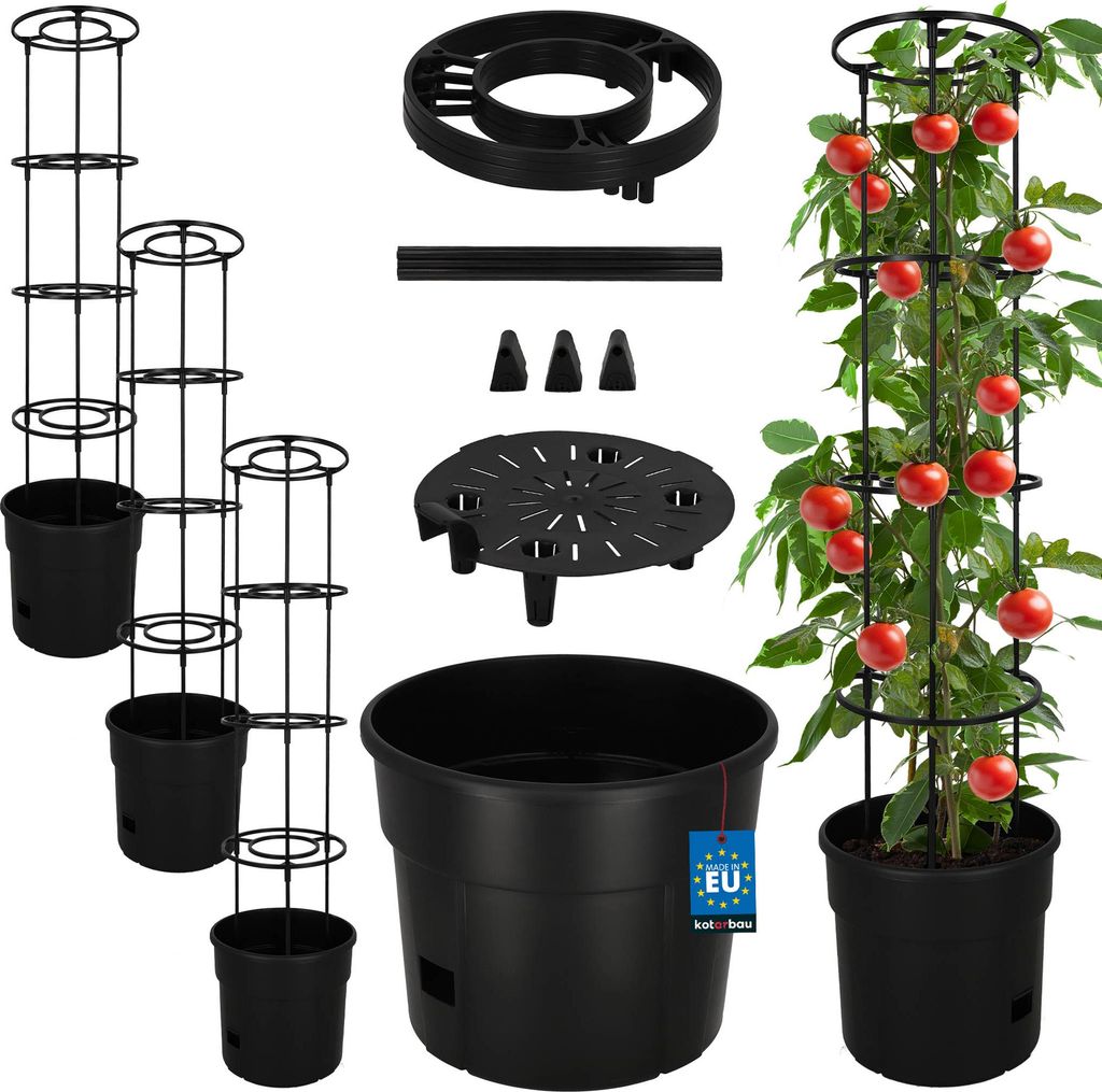 KOTARBAU 3er Set Tomatenpflanze Pflanzkübel 30 cm mit Rankhilfe 115 cm Tomatentopf für Balkon Pflanzenstütze Schwarz