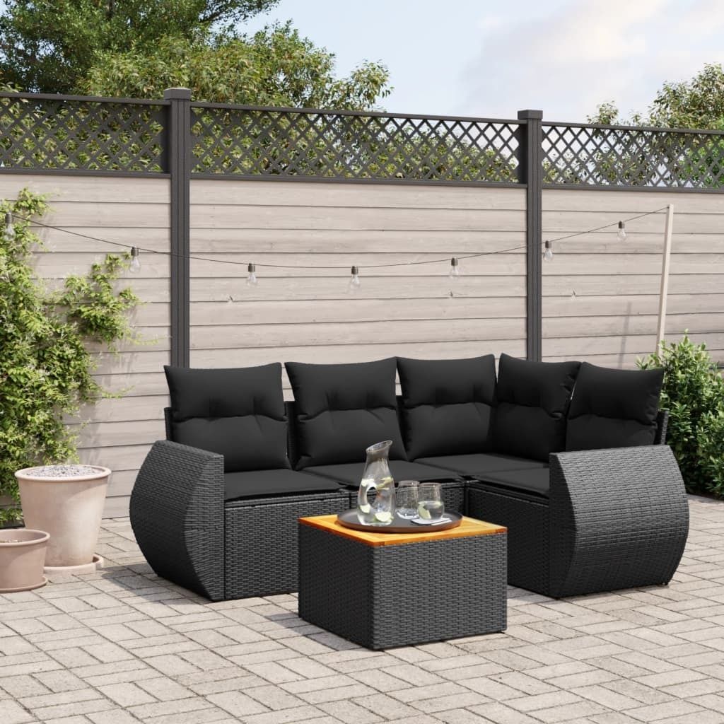 Möbel 5-tlg. Garten-Sofagarnitur mit Kissen Schwarz Poly Rattan - Gartenmöbelgarnituren 3257315