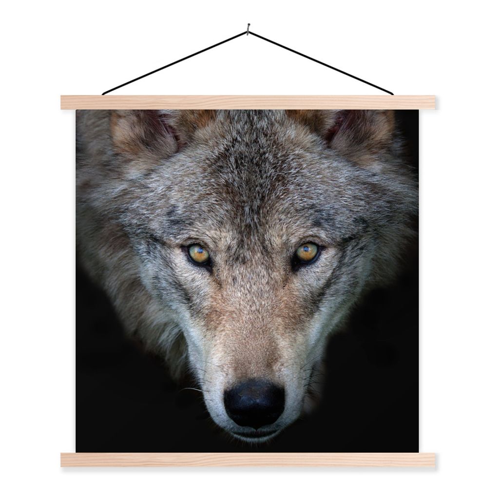 MuchoWow Textilposter Wolf - Porträt - Schwarz 120x120 cm mit holzfarbenen Rahmen - Textil-Poster