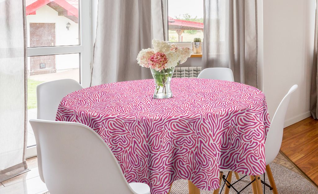 ABAKUHAUS rosa Zebra Runde Tischdecke, Kurvige Linien Funky, Kreis Tischdecke Abdeckung für Esszimmer Küche Dekoration, 150 cm, Fuchsia Pink Weiß