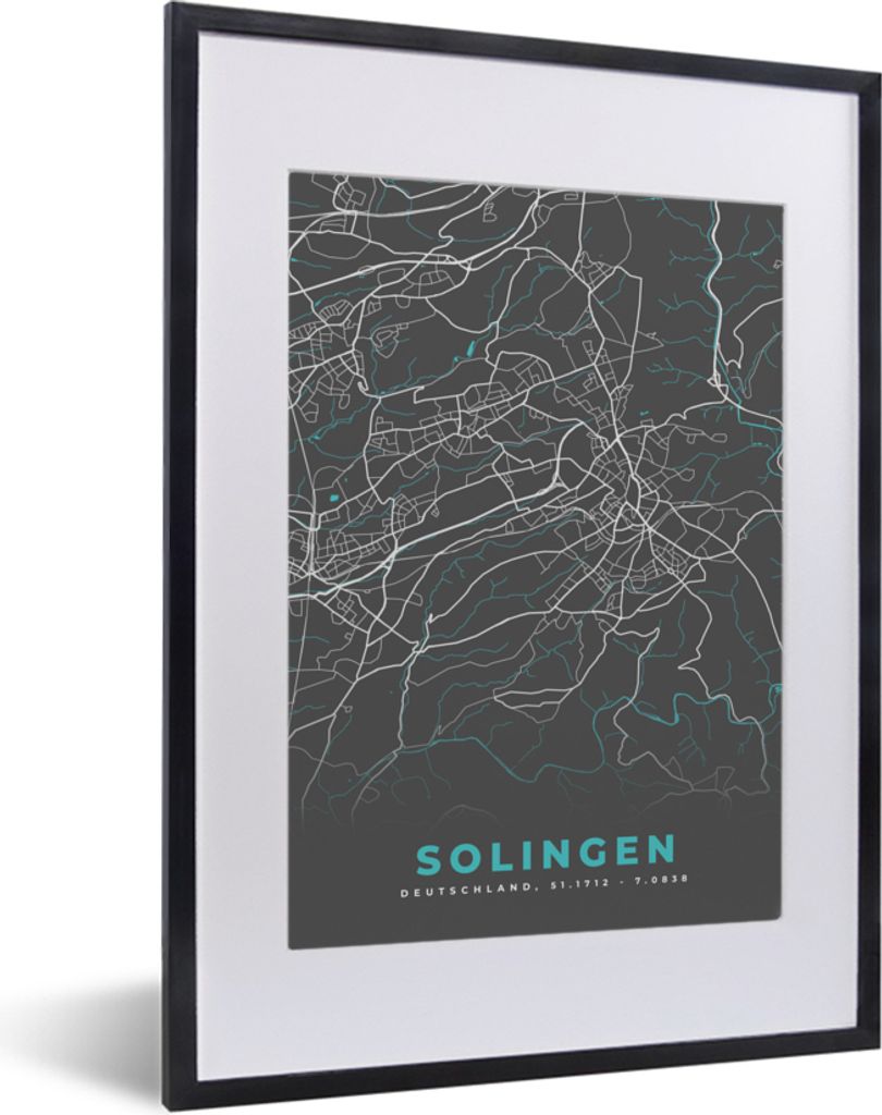 MuchoWow Gerahmtes Poster Karte - Solingen - Blau - Stadtplan - Deutschland 30x40 cm - Poster mit Schwarzem Bilderrahmen Wandposter Rahmen Foto B...