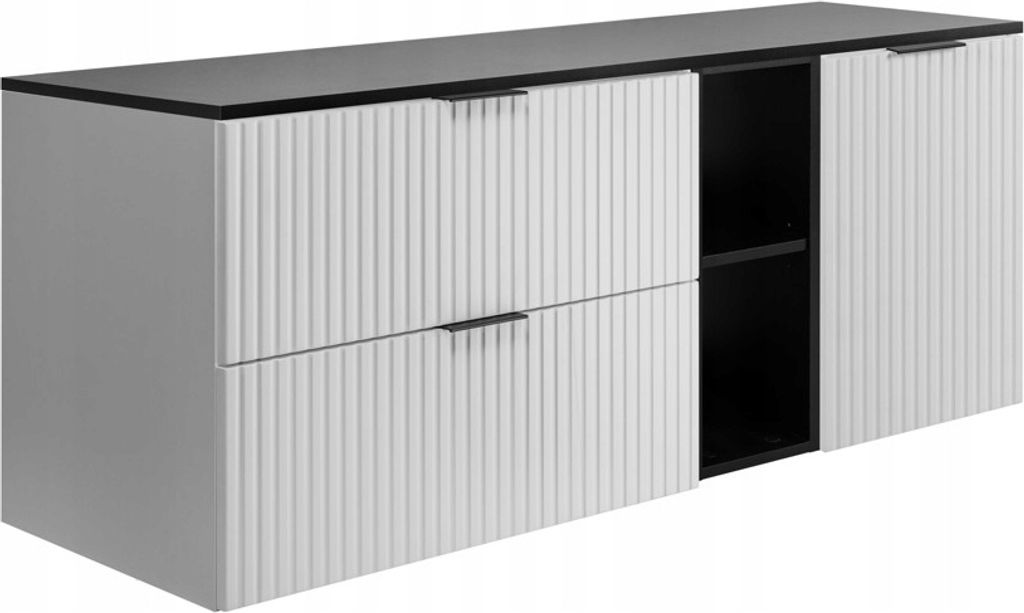 Rodan | Badezimmerschränke 140cm | Weiß Matt - Holz | B/H/T 140/57/46 cm | Geriffelte Türen - Schwarze Platte - Badmöbel - Badschrank - Bücher...