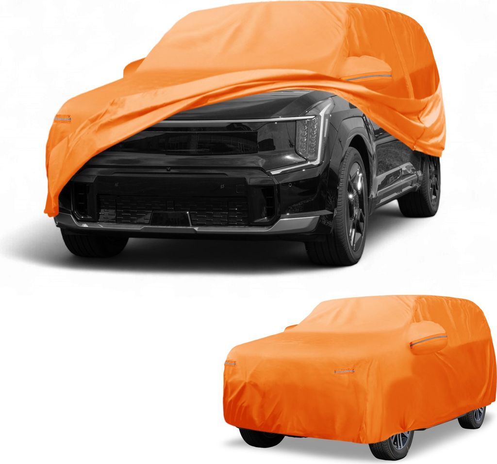 Autoabdeckung Wasserdicht Alle Wetter Automobil Au?en Anti-UV Sonne Regen Schutz Vollst?ndige Au?enabdeckung fš¹r Kia EV9 210D-PU Orange mit Refl...