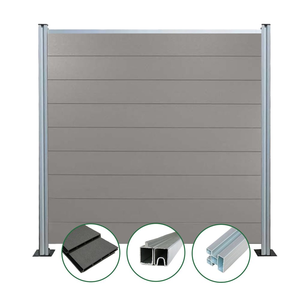 Woodstore24 - WPC Sichtschutzzaun - grau – 7 x Zaun & 8 x Pfosten - 185 cm x 180 cm - Gartenzaun Komplettset - inkl. Pfosten Silber eloxiert