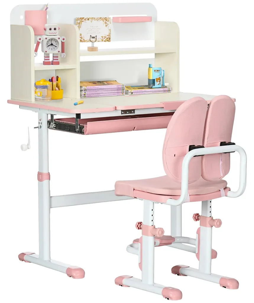 Bureau réglable rose pour enfant avec plateau inclinable et rangements XXL