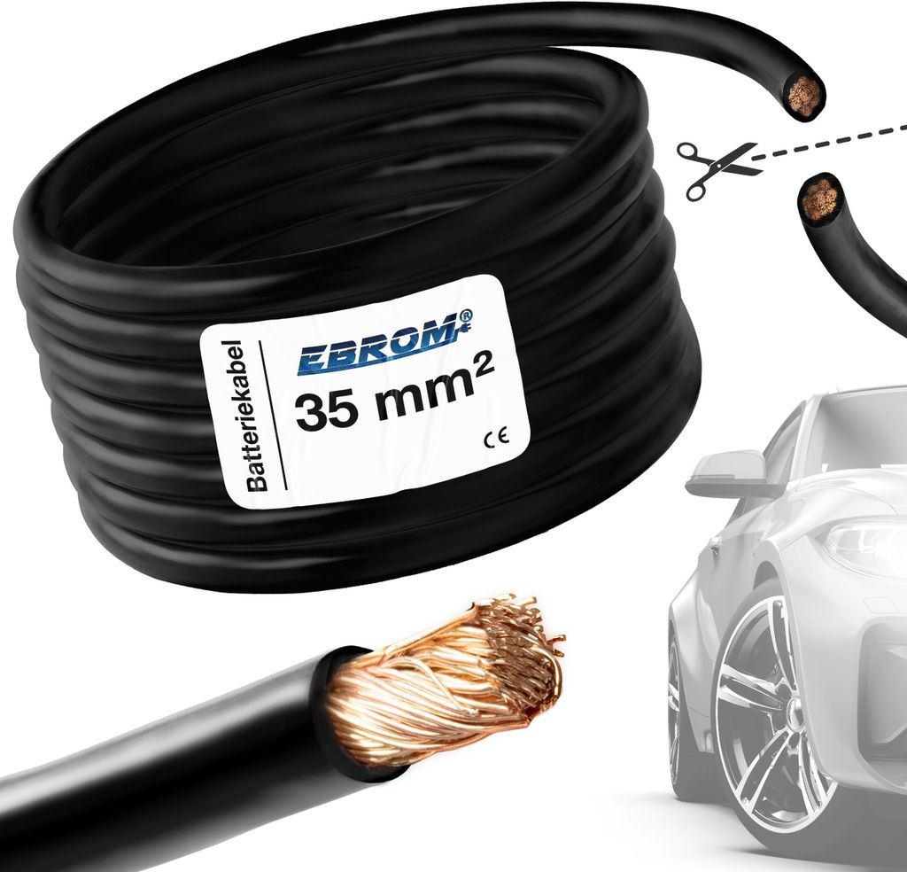EBROM - FLY Fahrzeugleitung - KFZ Leitung – Batteriekabel SCHWARZ – Querschnitt 35 mm2 - Meterware – flexibel 90 ± 5 Shore - 99,9 % OFC Kupf...