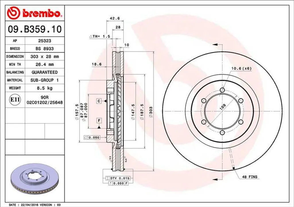 Disque de frein Brembo 09.B359.10 haute résistance pour Terracan