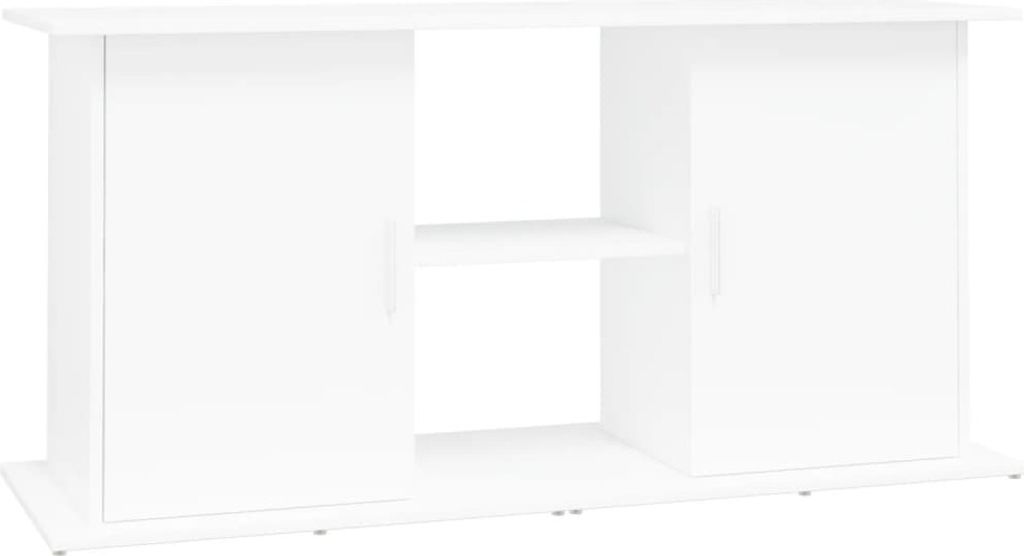 A white aquarium stand with two cabinet doors on either side and an open shelf in the middle.