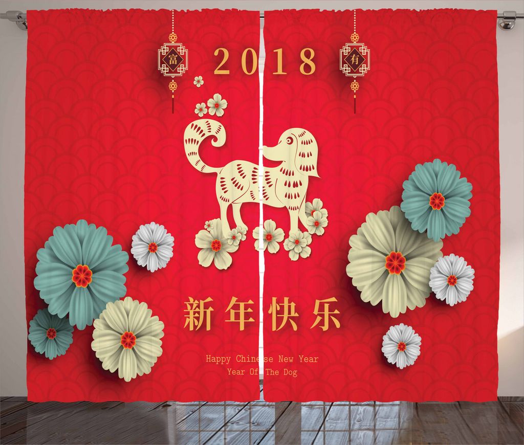 ABAKUHAUS Jahr des Hundes Rustikaler Vorhang, Mondkalender, Wohnzimmer Universalband Gardinen mit Schlaufen und Haken, 280 x 225 cm, Mehrfarbig