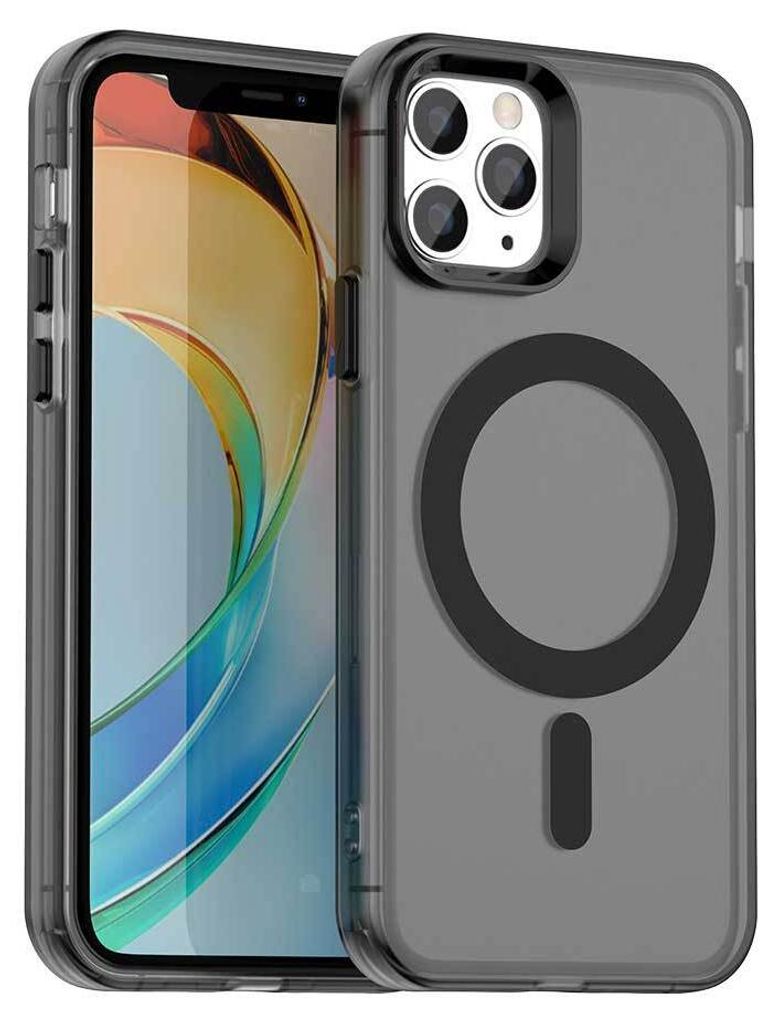 A smartphone case with a magnetic ring is shown next to a smartphone.
