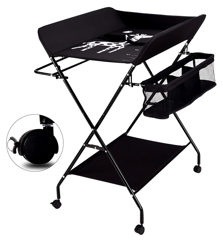 Klappbare Baby Wickelkommode höhenverstellbare Wickelkommode Klappwickeltisch mit Rollen und Stauraum Reisewickelkommode
