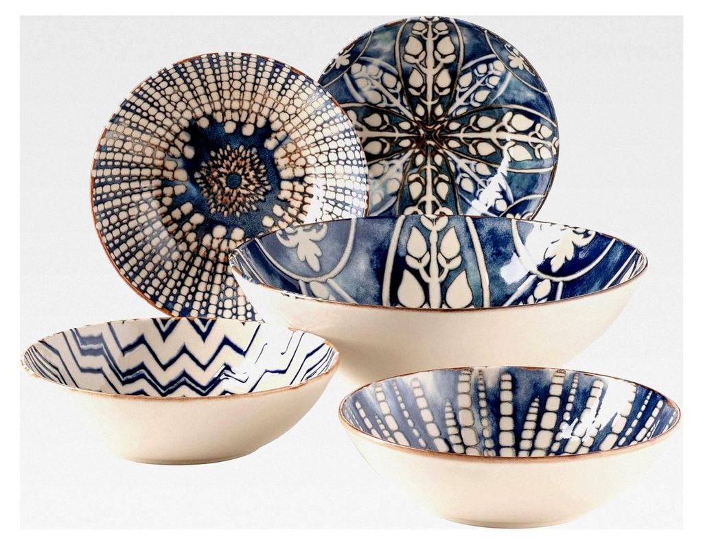 Iberico Blue, 5-teiliges Schalen-Set im maurischen Stil, 1 große Salatschüssel und 4 Schalen für Salat, Müsli, Suppe oder Pasta, mit verschiede...