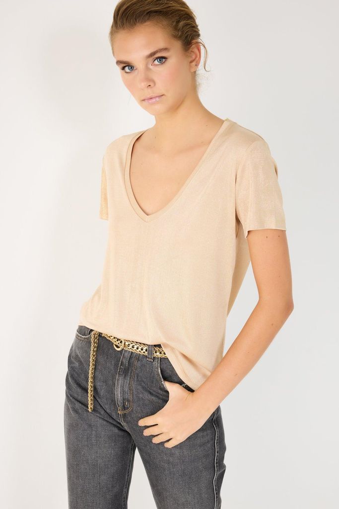 Glänzendes Basic-T-Shirt mit V-Ausschnitt, Gold, L