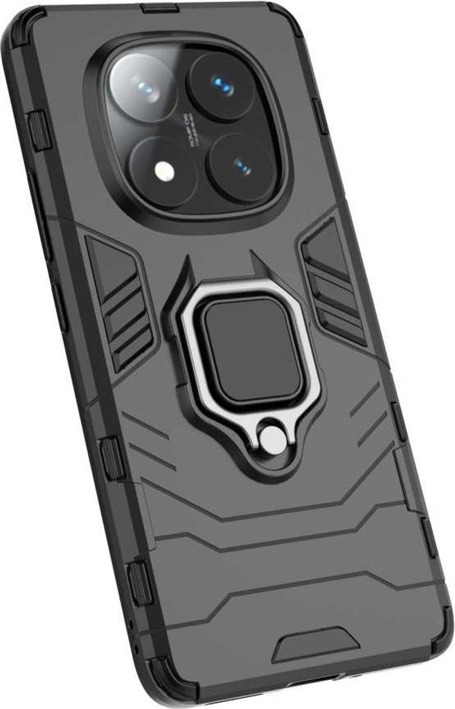 A black phone case with a ring holder is shown against a white background.