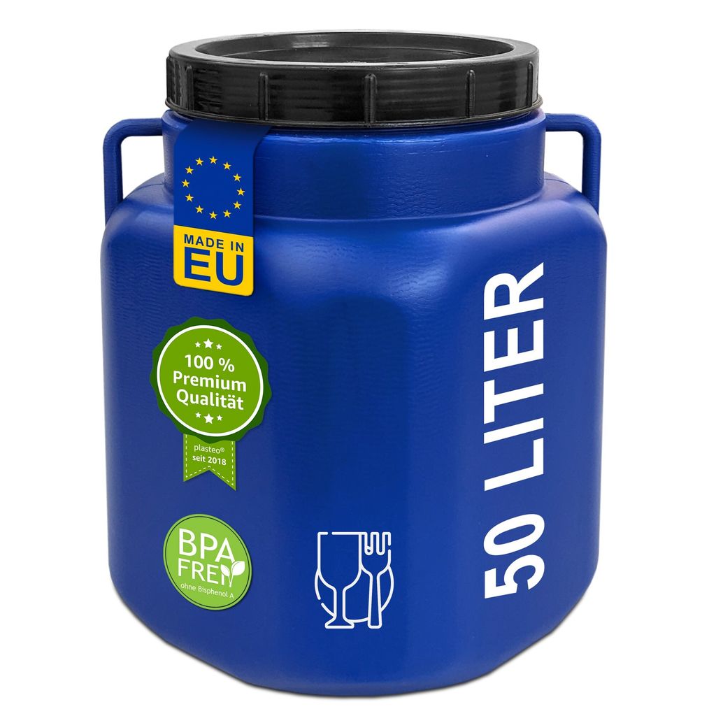 plasteo 50 Liter Weithalsfass mit Deckel und Griffen Eckig Blau, Lebensmittelecht BPA-Frei, Futtertonne Kunststofffass Universalfass Deckelfass