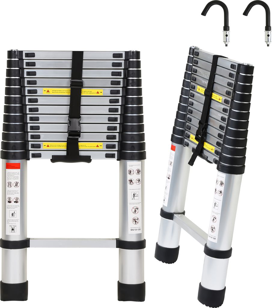 Bettizia Profi Teleskopleiter 3,8M Silber Aluminium 150kg Tragkraft Mehrzweckleiter rutschfeste Gummifüße mit Abnehmbaren Haken