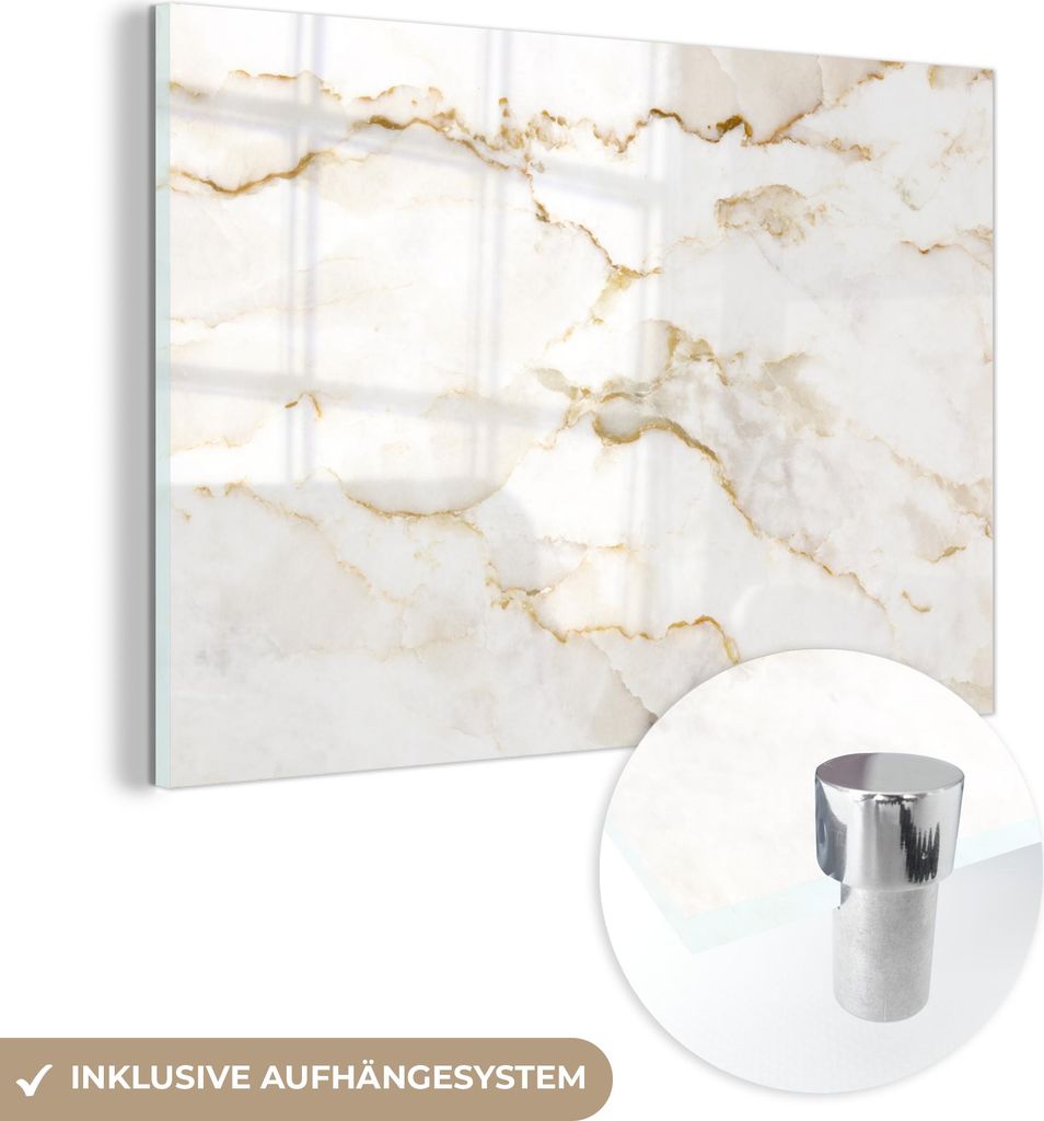 MuchoWow Glasbilder - Bilder auf Wandbild - Foto auf Glas Marmor - Limette - Gold - Luxus - Marmoroptik - Weiß 90x60 cm Wanddekoration aus Glas - ...