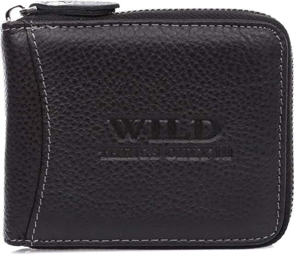 WILD Herren-Geldbörse, klassisches Design, robustes Leder, rundum Reißverschluss, RFID-Schutz, Schwarz