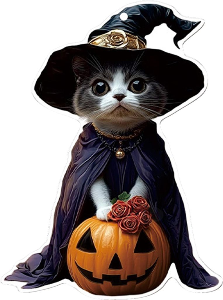 Halloween-Katzen-Ornament, süße Katze mit Hexenhut, Kürbis/Totenkopf, hängende Dekoration, 2D-flacher Acryl-Auto-Rückspiegel-Anhänger für Zu...