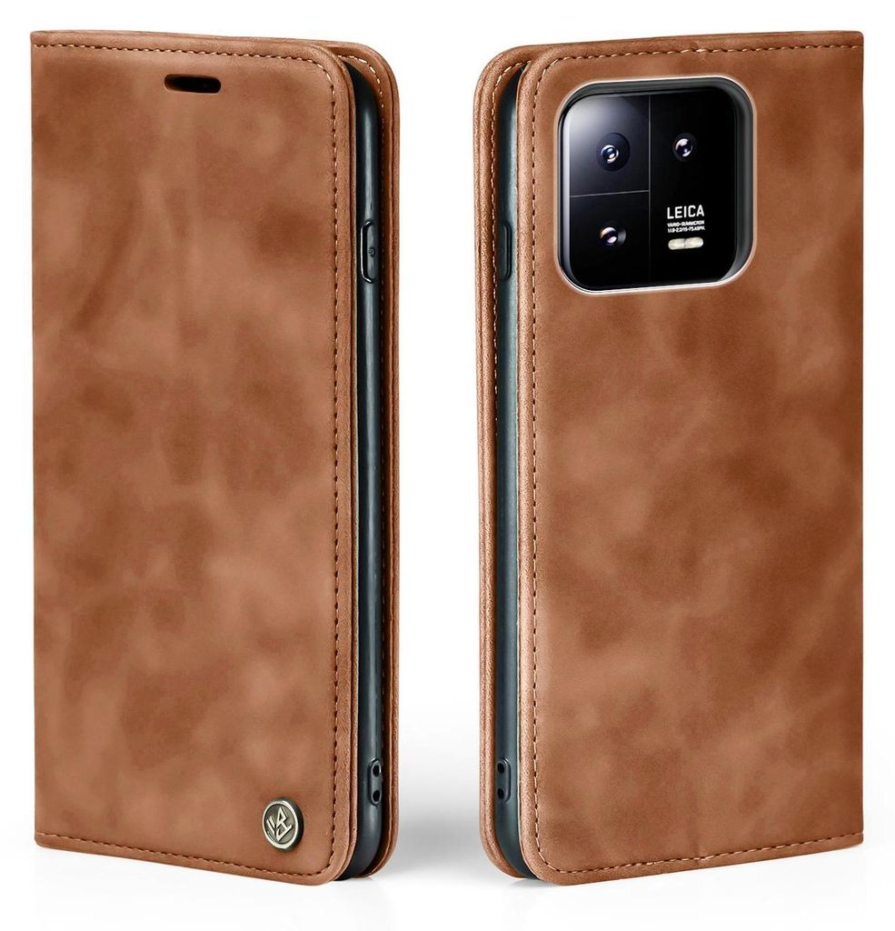 A brown flip-style phone case for a Xiaomi 13 phone, shown from the front and side.