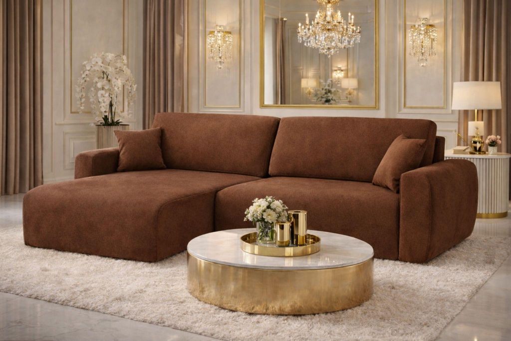 Kaiser Möbel Ecksofa mit Schlaffunktion und Bettkasten, Ariel L-Form Velours Sofa, Stoff Salvador, Dunkelbraun, Links