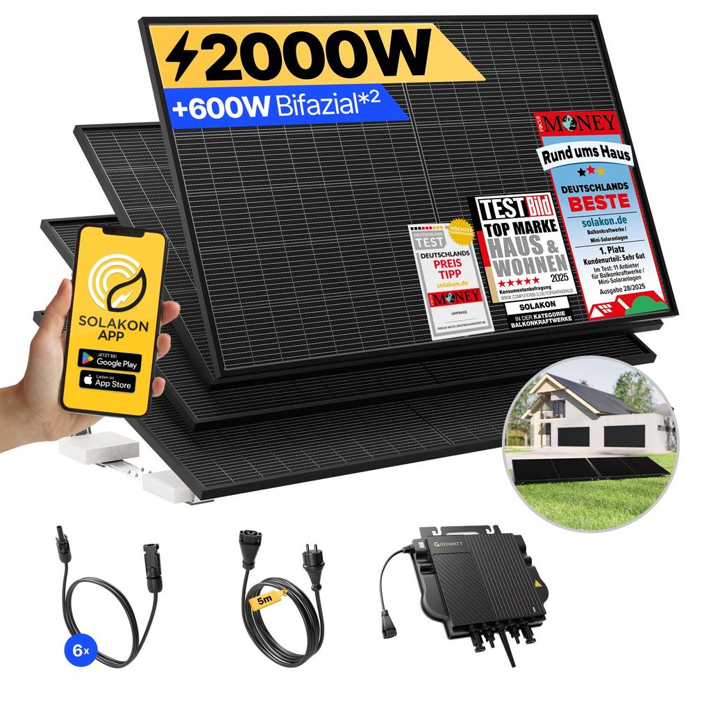 Balkonkraftwerk 2000W Solaranlage mit Garten Halterung Steckerfertig Komplettset Photovoltaik Anlage 800W, Kabellänge: 5m, Solakon - onPower