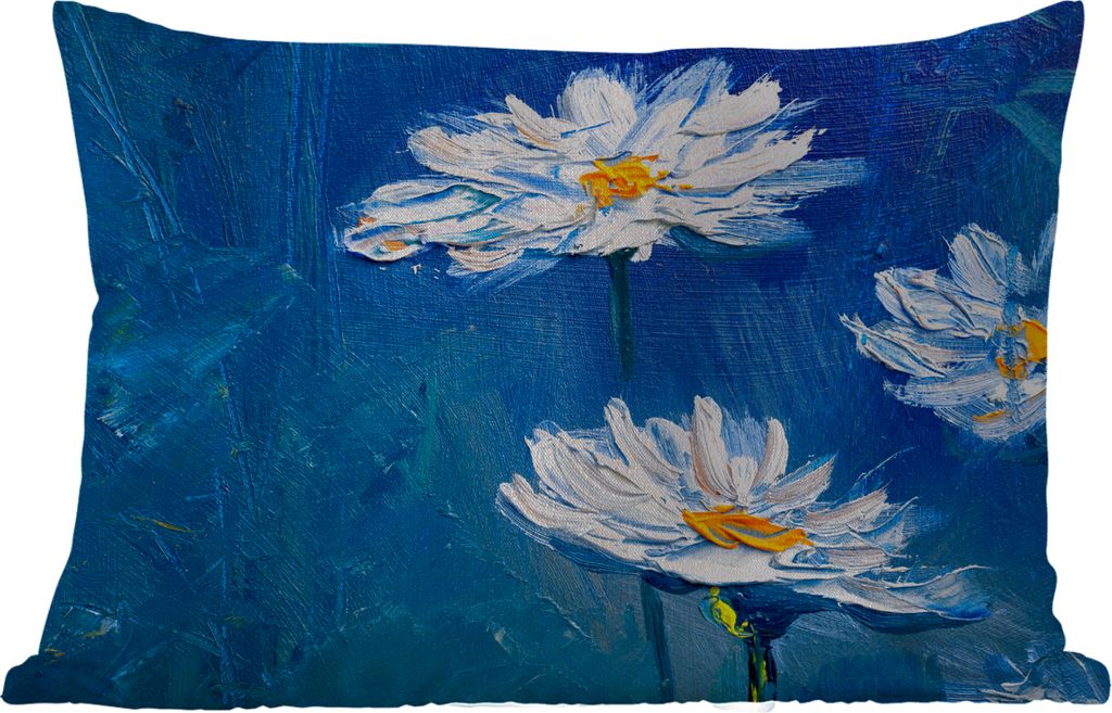 MuchoWow Outdoor Kissen - Gemälde - Ölfarbe - Blumen - Blau - 50x30 cm - Wetterfest - Lounge Kissen - Sofa kissen - Wohnzimmer Dekoration