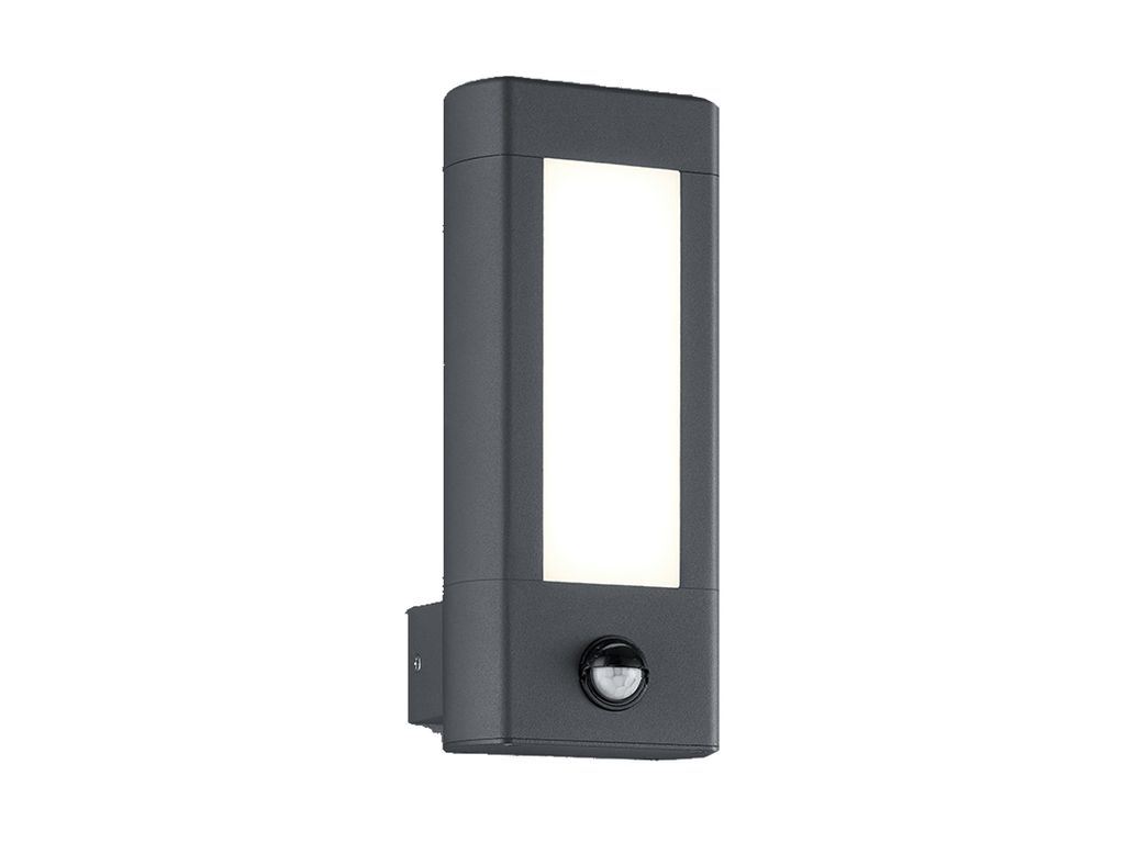 A dark gray outdoor LED wall light with a motion sensor is shown against a white background.